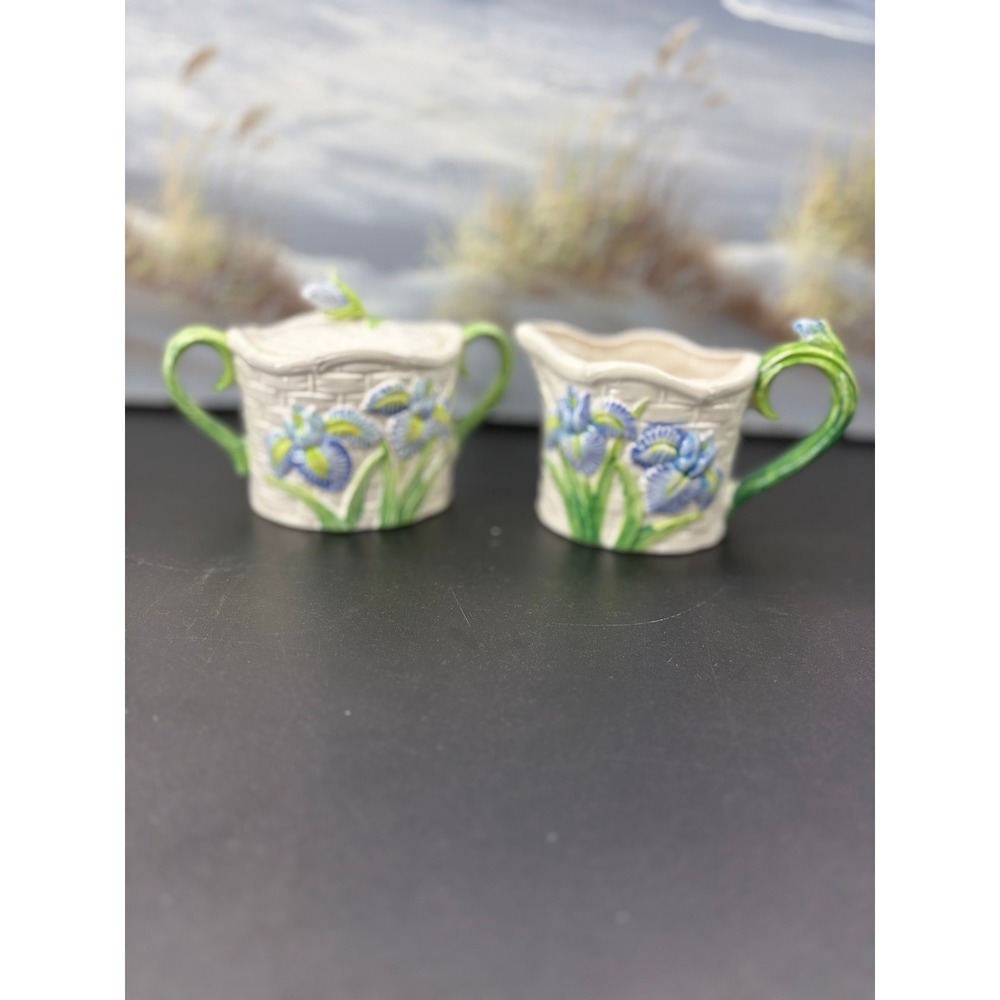 Vintage Omnibus Korea Iris Flower Basketweave Ceramic Creamer and Sugar Bowl Set